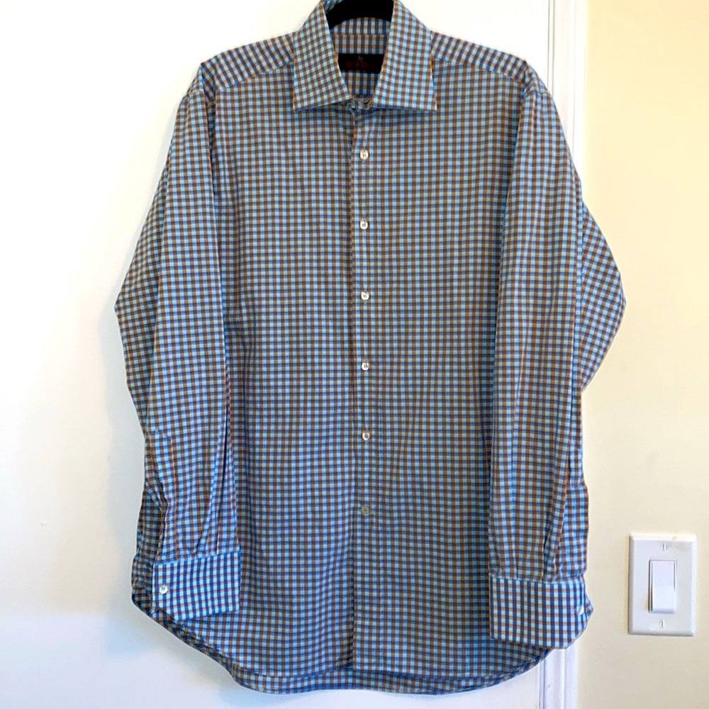 ETRO Milano Plaid Tan & Gray Plaid Button Up Dress Shirt